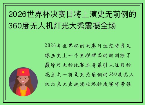 2026世界杯决赛日将上演史无前例的360度无人机灯光大秀震撼全场 2026世界杯决赛日将上演史无前例的360度无人机灯光大秀震撼全场